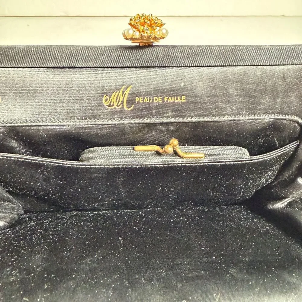 Vintage Morris Moskowitz MM Black Evening Clutch Kiss Lock Purse Mirror Coin Bag